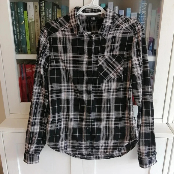 PAIGE Heritage Plaid Flannel Button Up in Black,  White, and Rosewater Pink XS - Picture 3 of 14